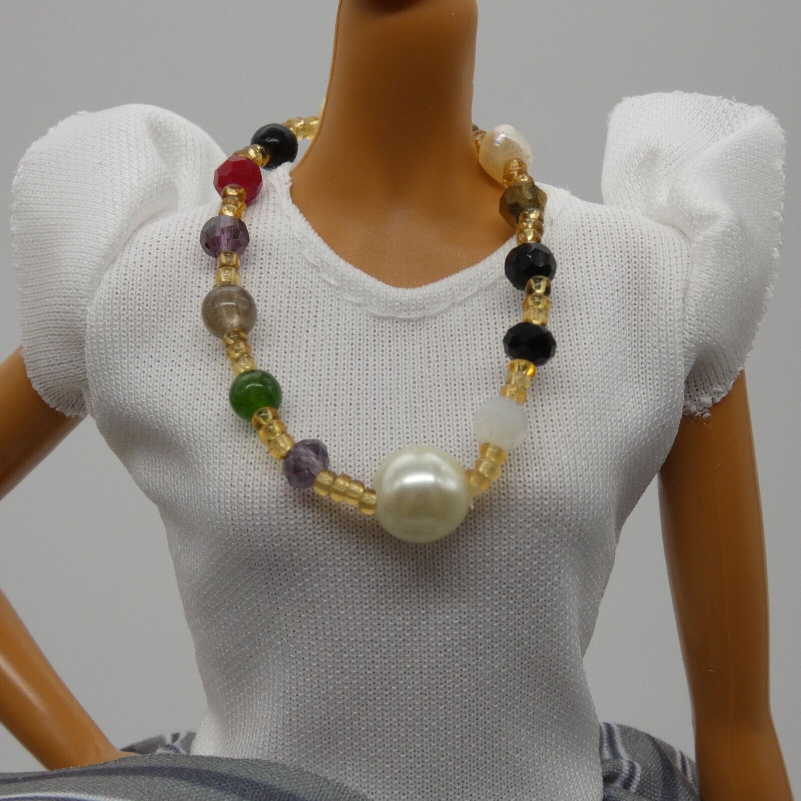 Barbie Doll Size Multicolored Faceted Beaded Necklace Choker Stretch Classy