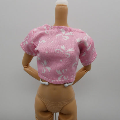 Barbie Size Doll Shirt Crop Top Pink Bow Blouse Short Sleeve Midriff Clone