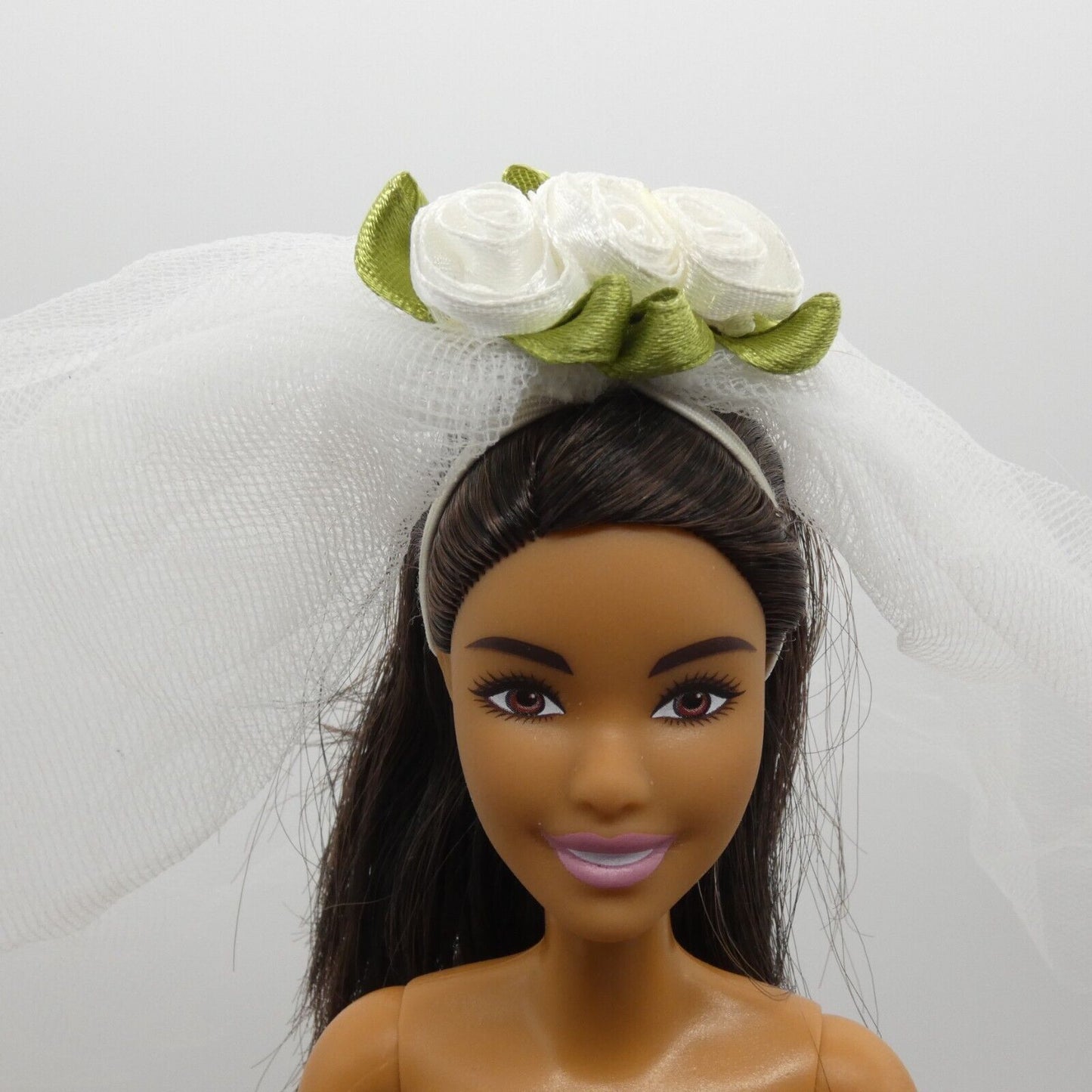 Barbie Doll Size Bridal Veil Double Layered Tulle White Rose Flowers Headpiece