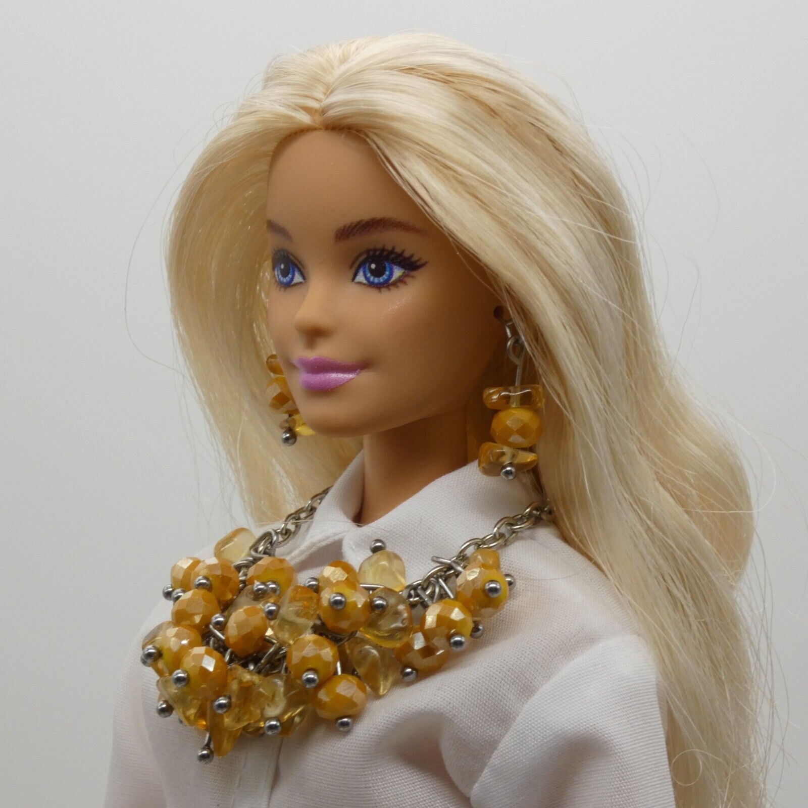 Barbie Doll Size Necklace And Earrings Yellow Dangle Beads Stone Silver Chain