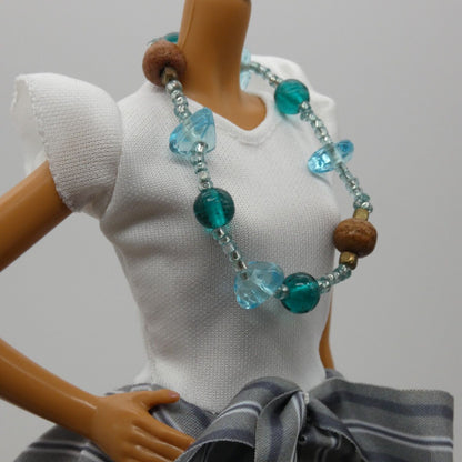 Barbie Doll Size Blue Teal Turquoise Long Beaded Necklace Wood Beads Fashion