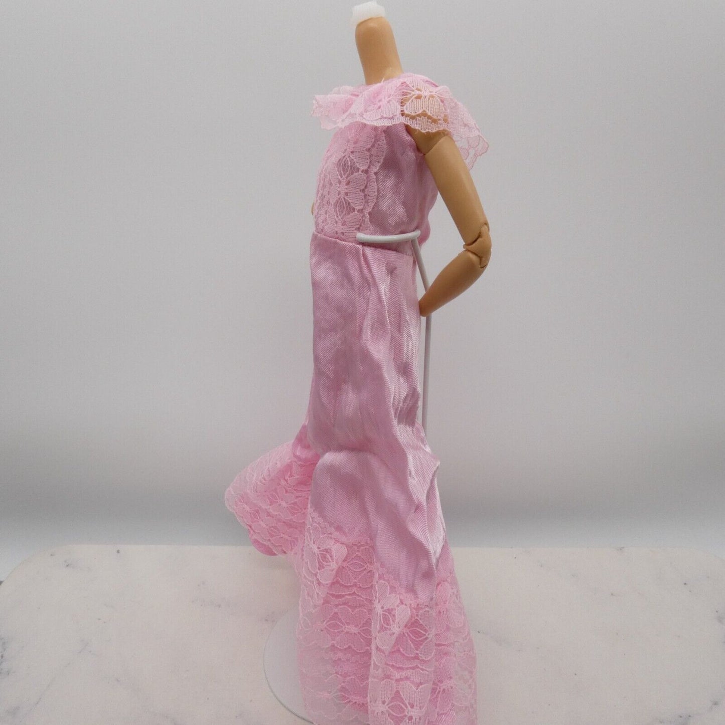 Barbie Doll Size Dress Pink Satiny Lacy Sleeveless Full Length Maxi Gown