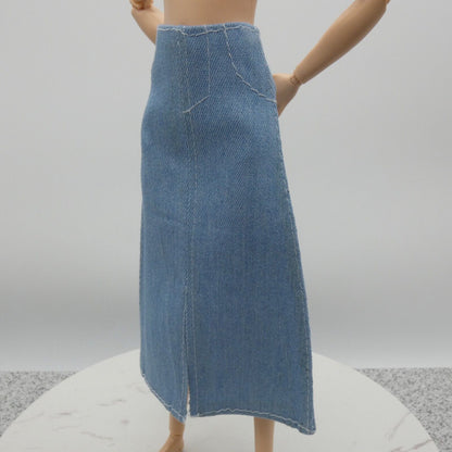 Barbie Doll Size Long Skirt Light Blue Denim Maxi A Line Ankle Front Slit