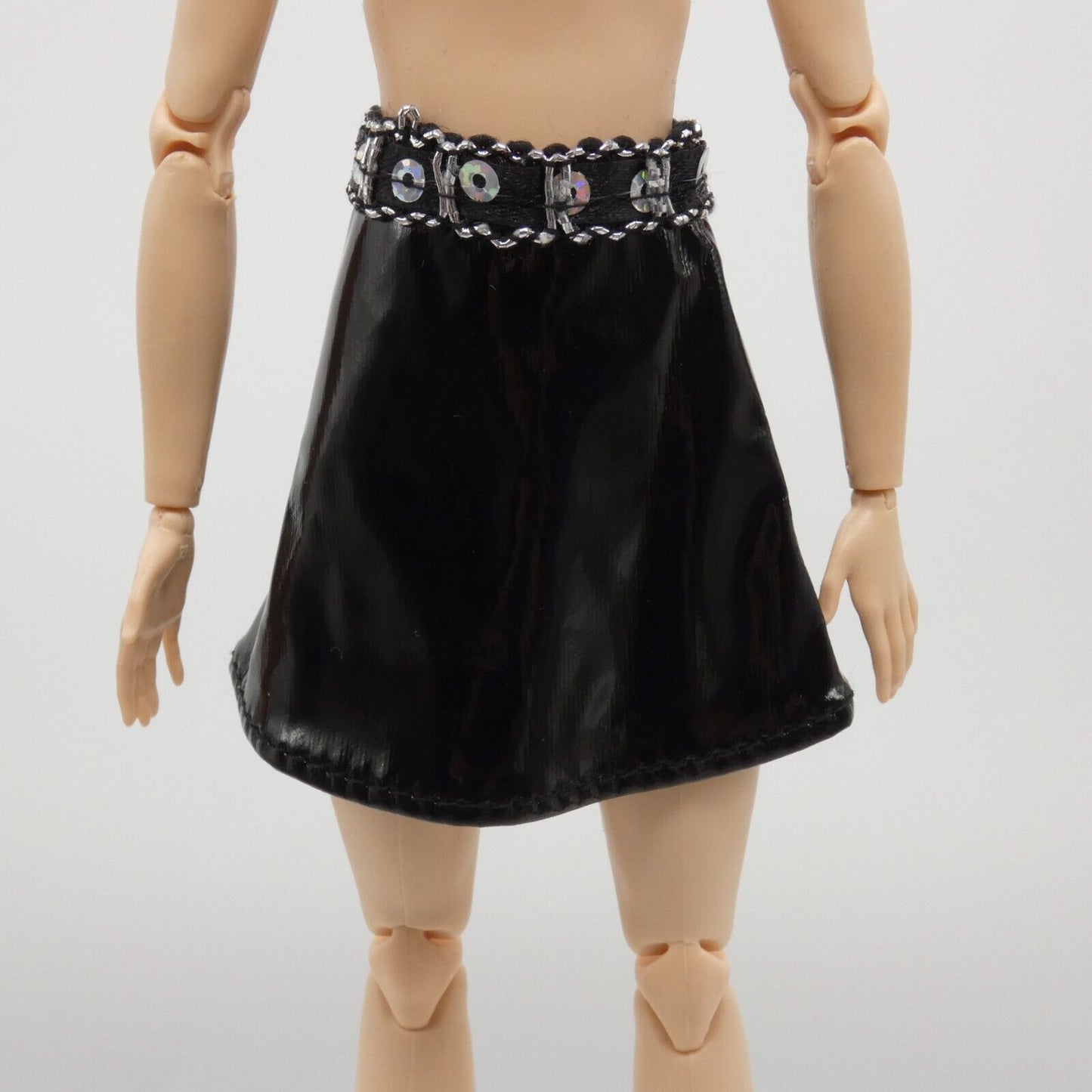 Barbie Doll Size Black Skirt Faux Leather Silver Sequins A Line Mid Thigh