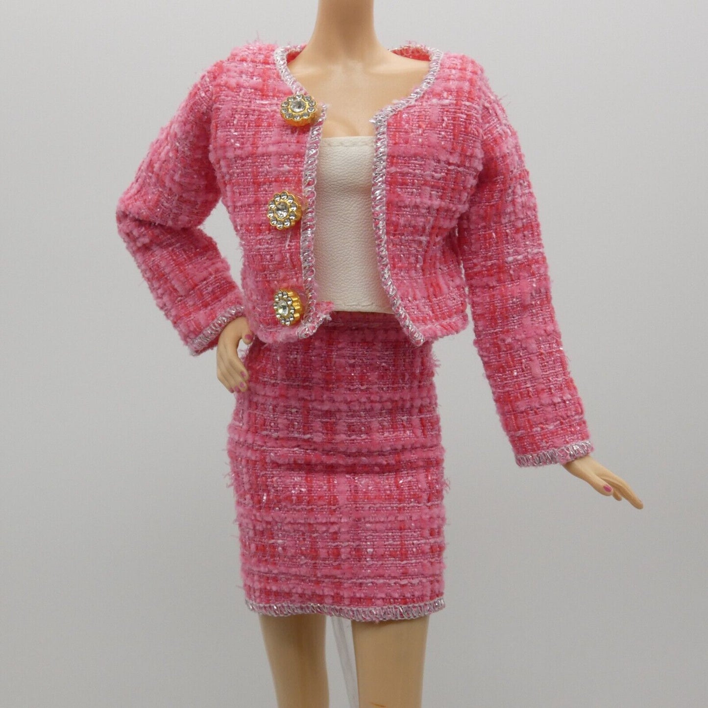 Barbie Doll Size Pink Tweed Suit Jacket Skirt Tube Top Fits Model Muse Xian Xian