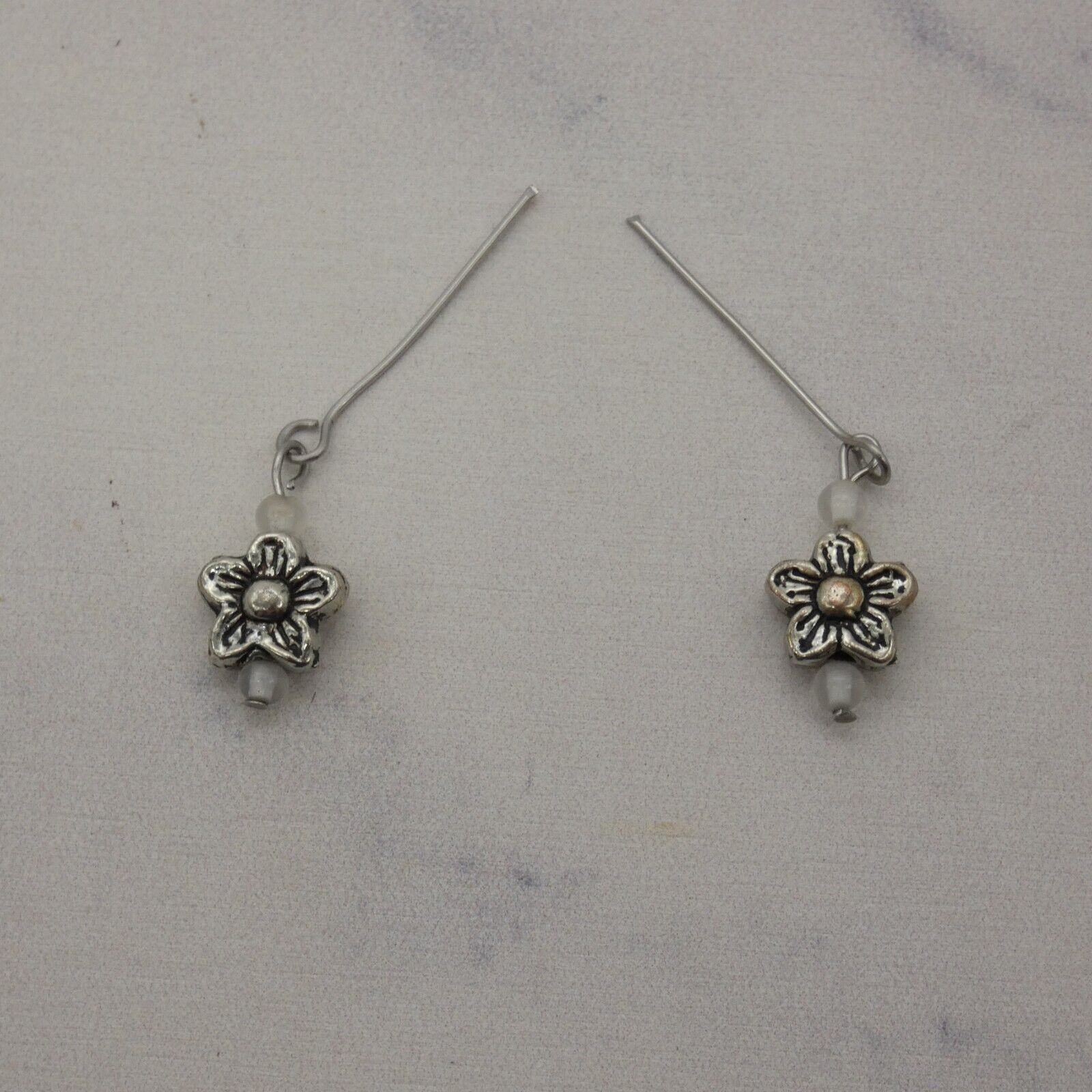 Barbie Doll Size Dangle Earrings Silver Flowers Daisies Clear Beads Handmade