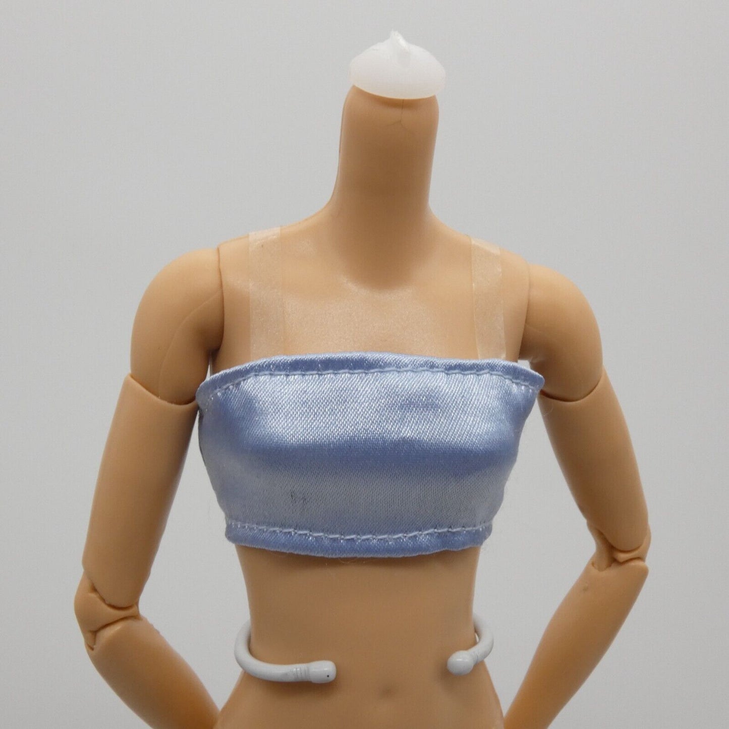 Barbie Doll Size Crop Top Sleeveless Clear Straps Blue Satin Like Midriff