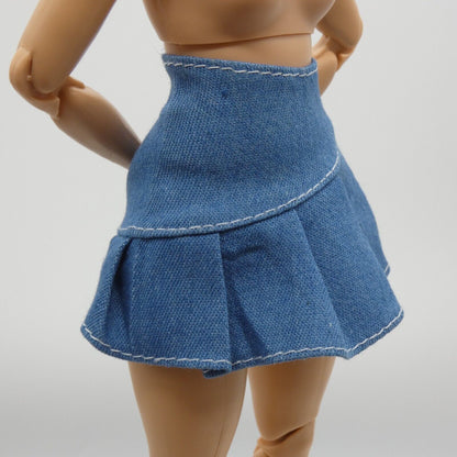 Barbie Doll Size Skirt Blue Denim Jean Pleated Mid Thigh Length A Line