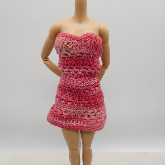 Barbie Doll Size Dress Pink Handmade Crochet Sleeveless Strapless Mid Thigh