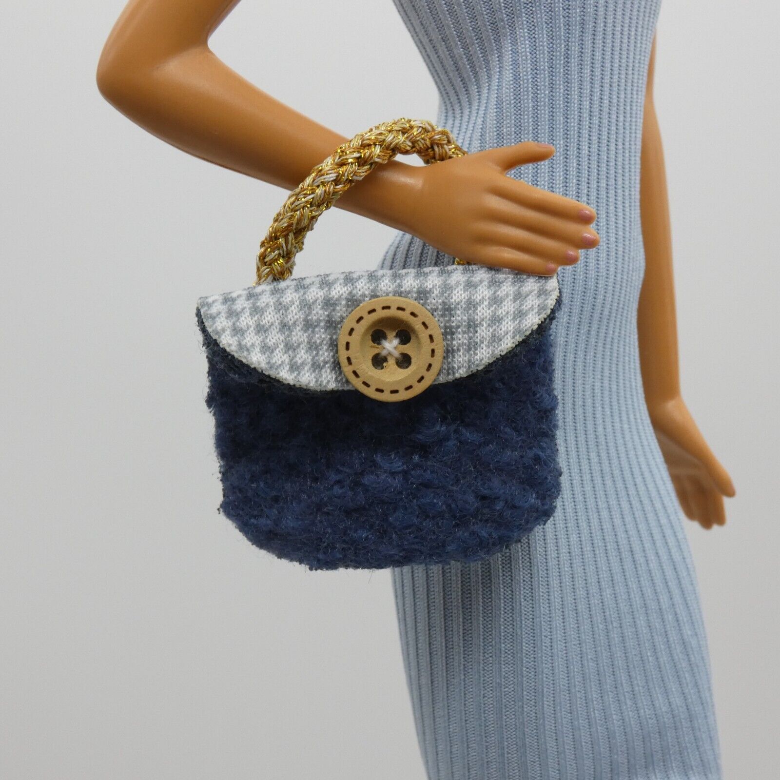 Barbie Doll Size Purse Blue Fleece Houndstooth Button Flap Handbag Accessory