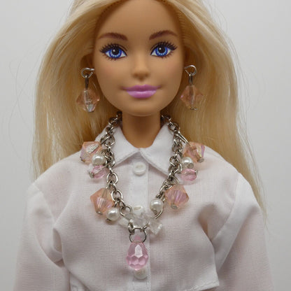 Barbie Doll Size Necklace Earrings Pink Faceted Gem Dangle Beads Silver Chain