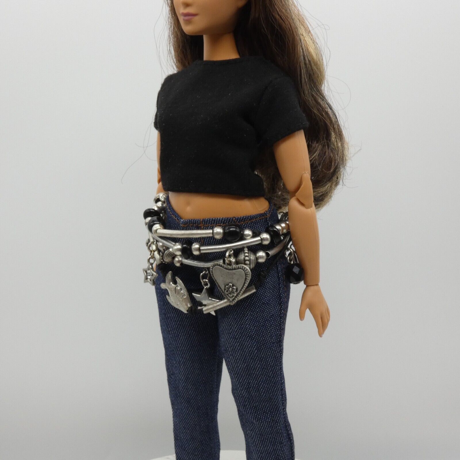 Barbie Curvy Doll Size Silver Black Charm 4 Strand Belt Adjustable Handmade OOAK