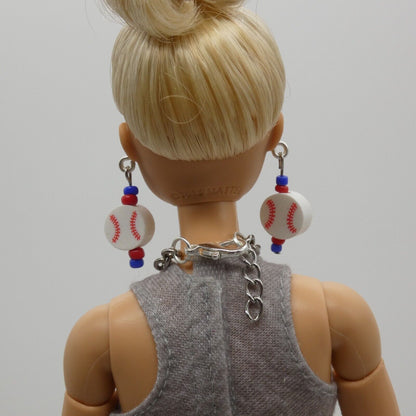 Barbie Doll Size Baseball Earrings And Necklace Blue Red Beads Texas Rangers