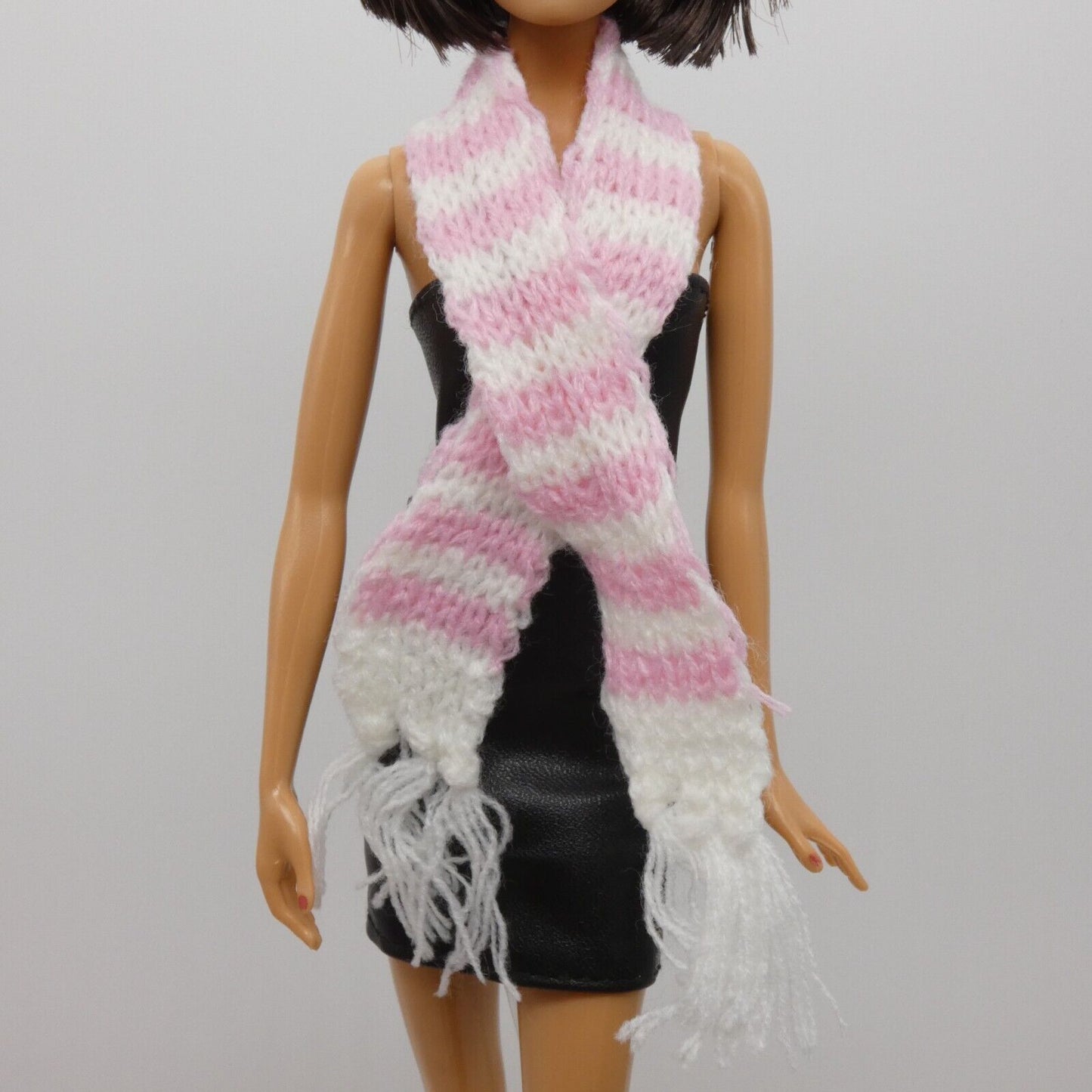 Scarf For Integrity Toys Barbie Size Doll Pink White Stripe Fringe Knitted FR