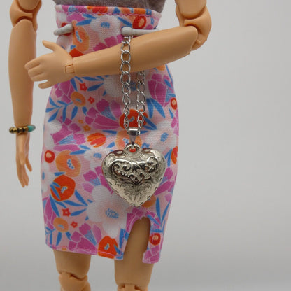 Barbie Doll Size Silver Heart Purse Chain Handle Handbag Handmade OOAK