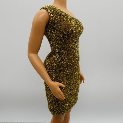 Barbie Curvy Doll Size Dress Gold Sheer Sparkle One Shoulder Form Fitting