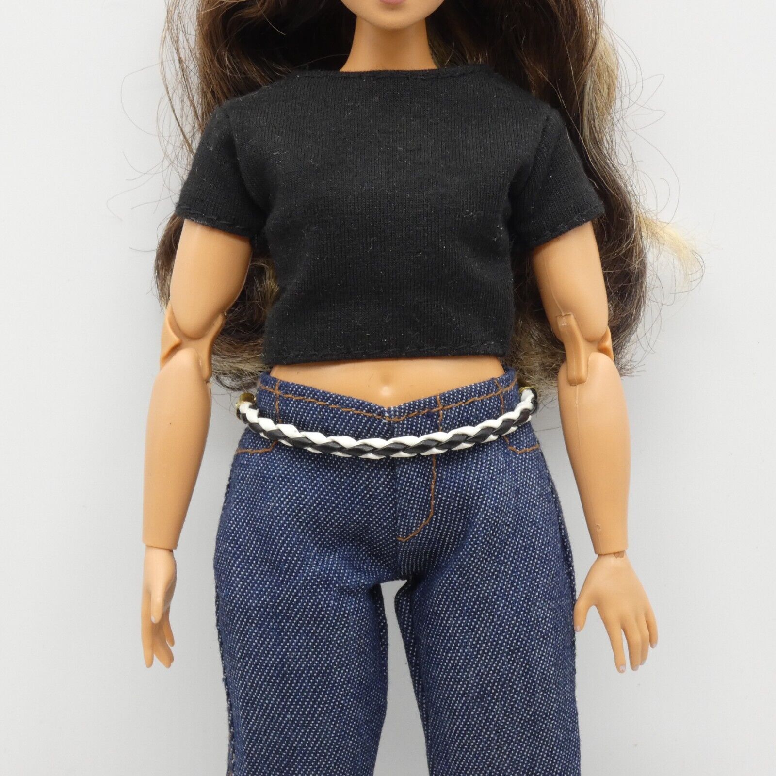 Barbie Doll Size Belt Black White Braided Leather Gold Chain Adjustable Handmade