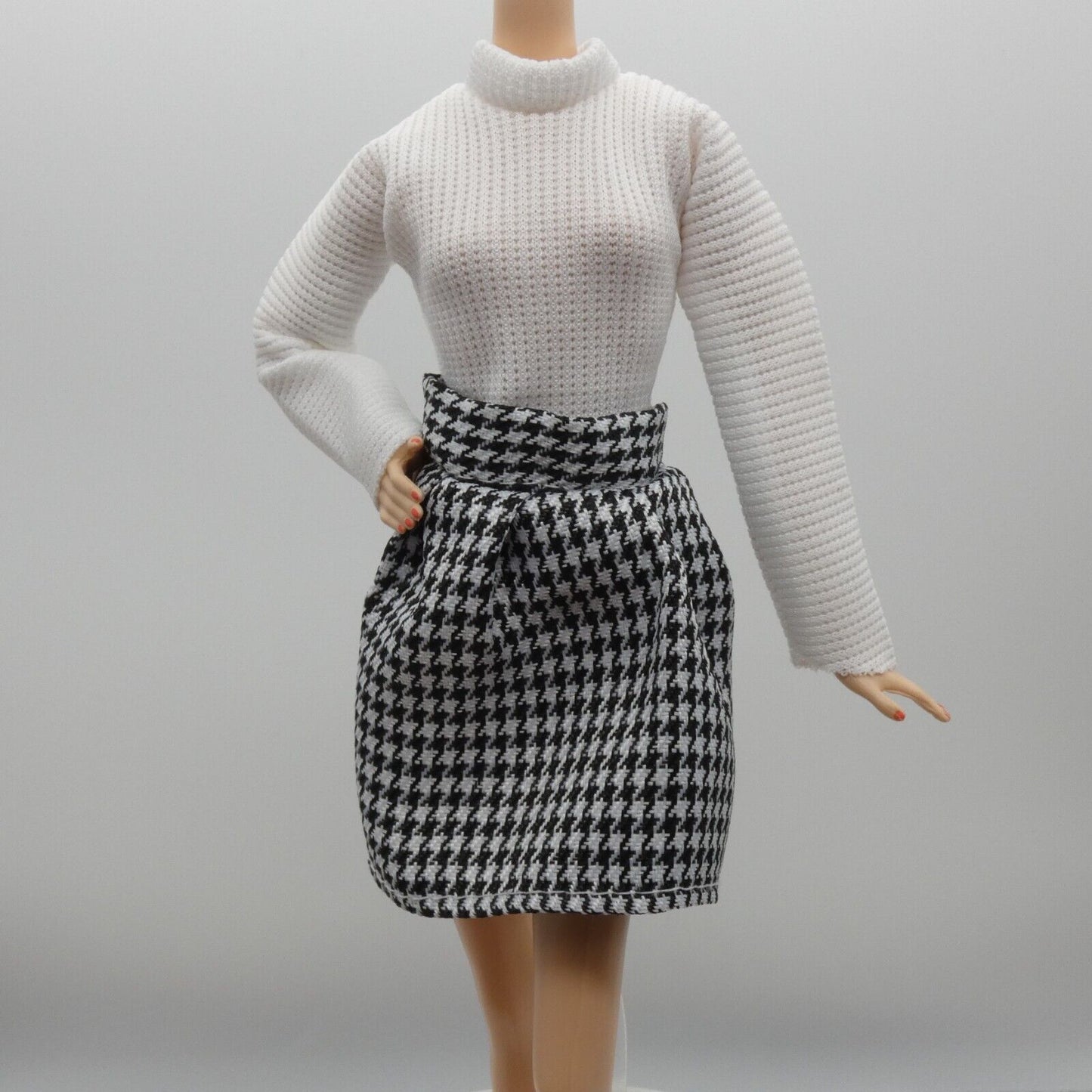 Barbie Doll Size Black White Houndstooth Dress Long Sleeve Fits Model Muse MTM