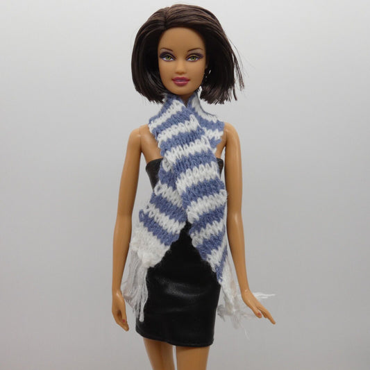 Scarf For Integrity Toys Barbie Size Doll Blue White Stripe Fringe Knitted FR