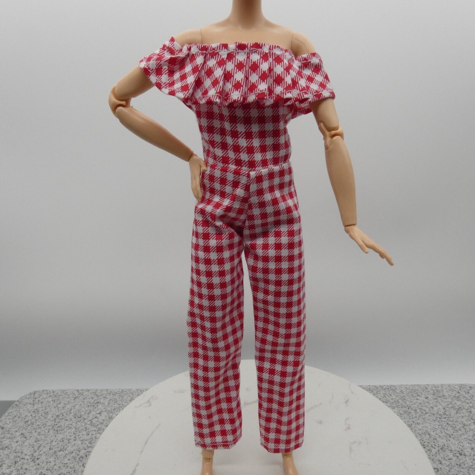 Barbie Doll Size Jumpsuit Red White Gingham Cold Shoulder Ankle Fit Made To Move