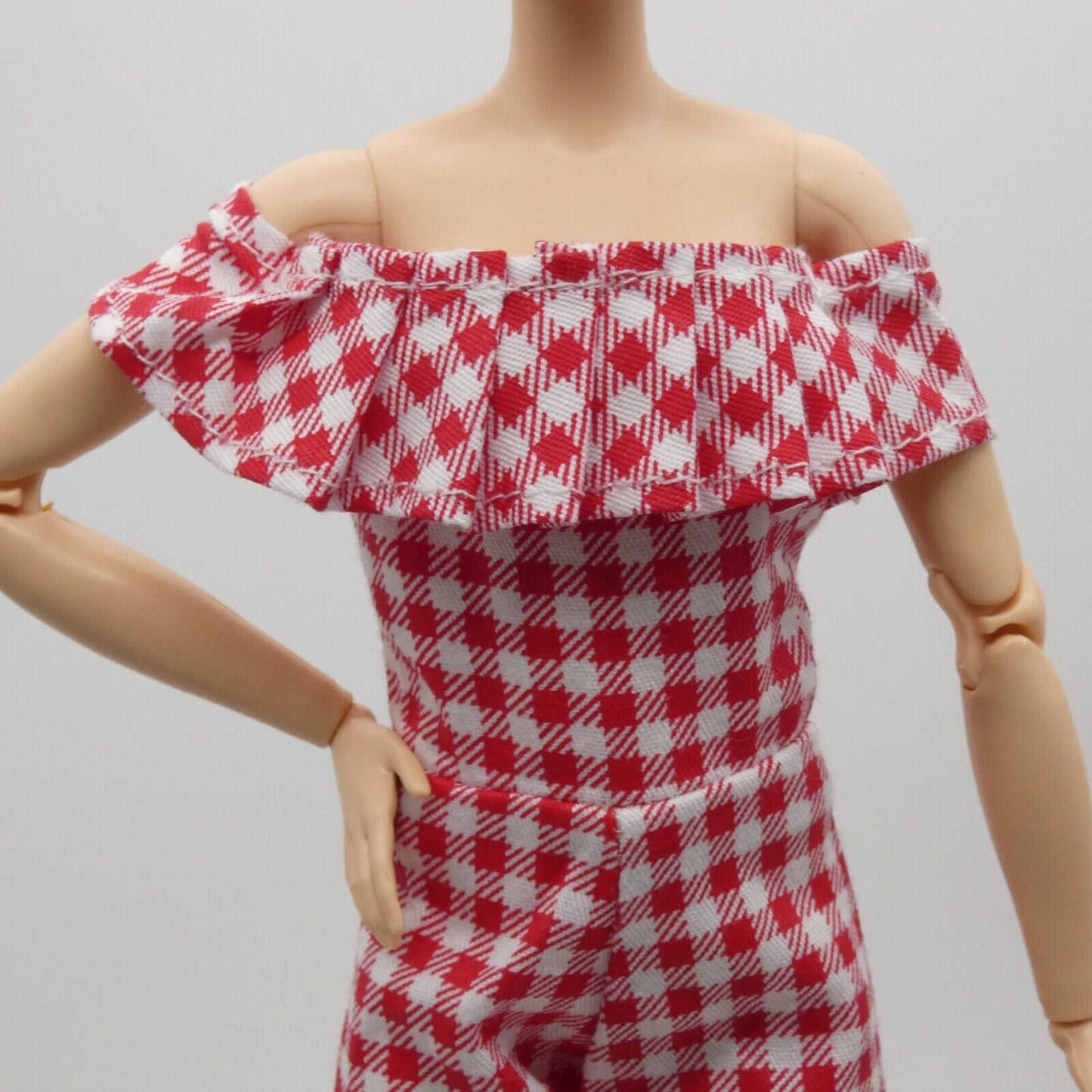 Barbie Doll Size Jumpsuit Red White Gingham Cold Shoulder Ankle Fit Made To Move