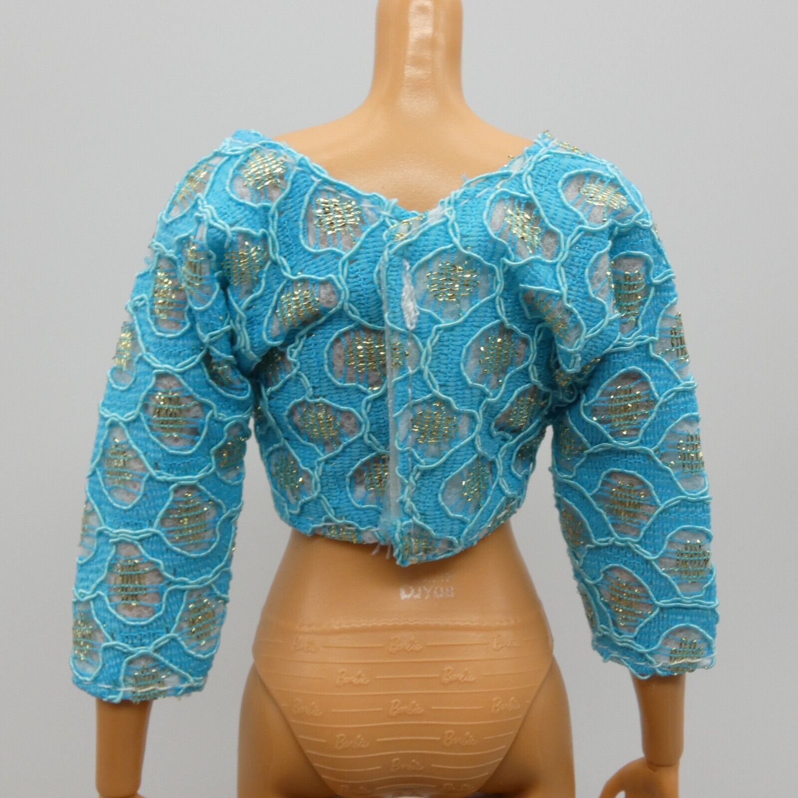 Barbie Doll Size Shirt Crop Top Teal Turquoise Blue V Neck 3/4 Sleeve Midriff