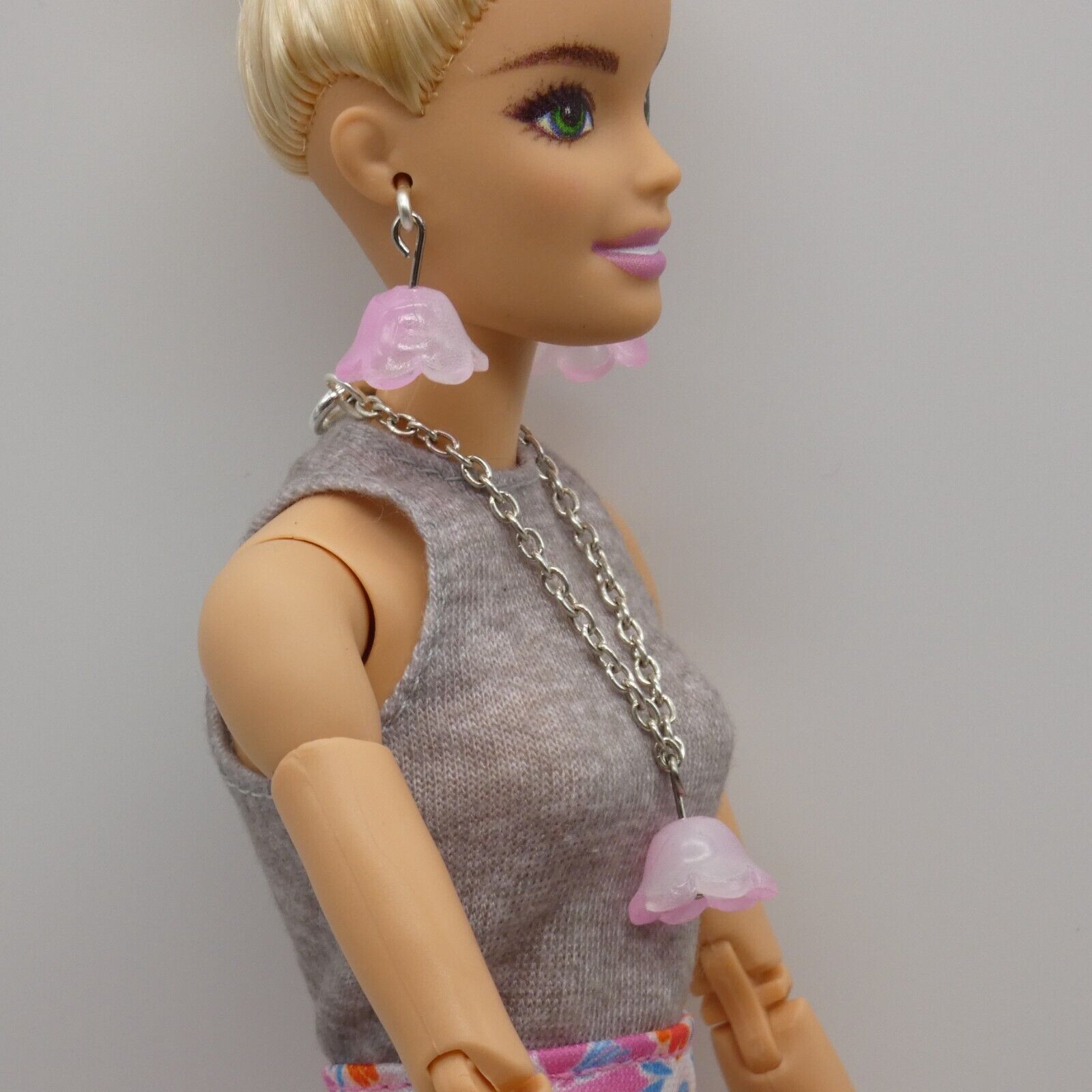 Barbie Doll Size Pink Tulip Earrings And Necklace Pendant Silver Chain Handmade