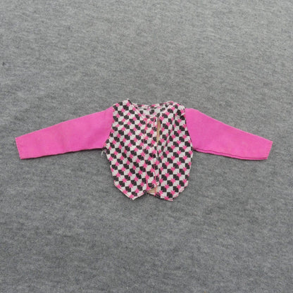 Barbie Doll Size Shirt Top Pink Long Sleeves Black White Checkered Stars