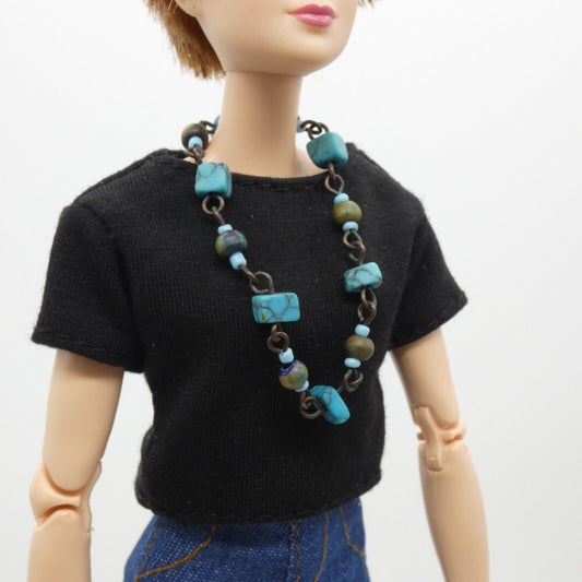 Barbie Doll Size Necklace Copper Chain Turquoise Beaded fits 11.5 Inch Handmade