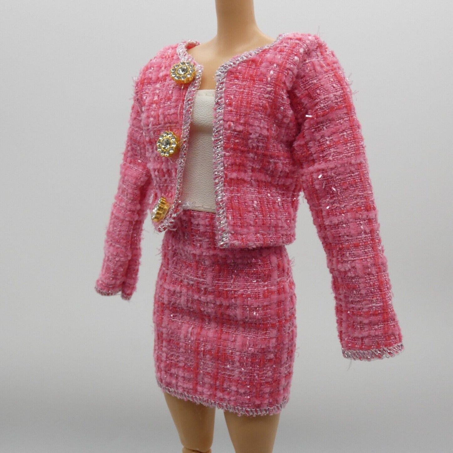 Barbie Doll Size Pink Tweed Suit Jacket Skirt Tube Top Fits Model Muse Xian Xian