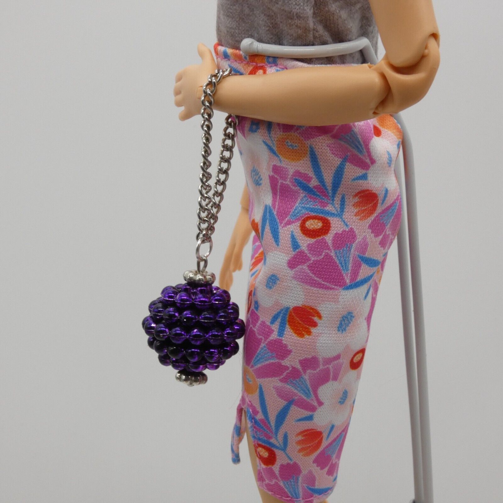 Barbie Doll Purse Handmade Purple Ball Silver Chain Strap Handbag Wristlet