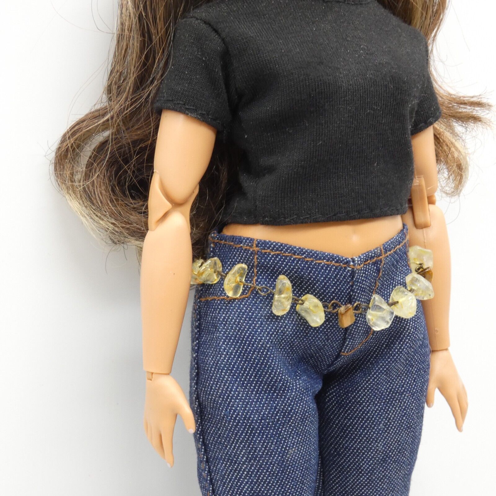 Barbie Doll Size Belt Glass Amber Yellow White Beads Bronze Chain Adjustable