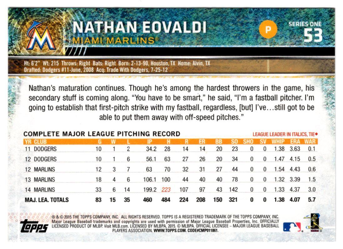 2015 Topps Nathan Eovaldi Miami Marlins #53