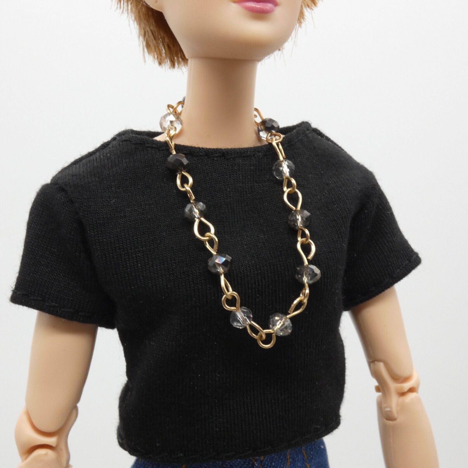 Barbie Doll Size Rose Gold Tone Chain Necklace Black White Rhinestone Handmade