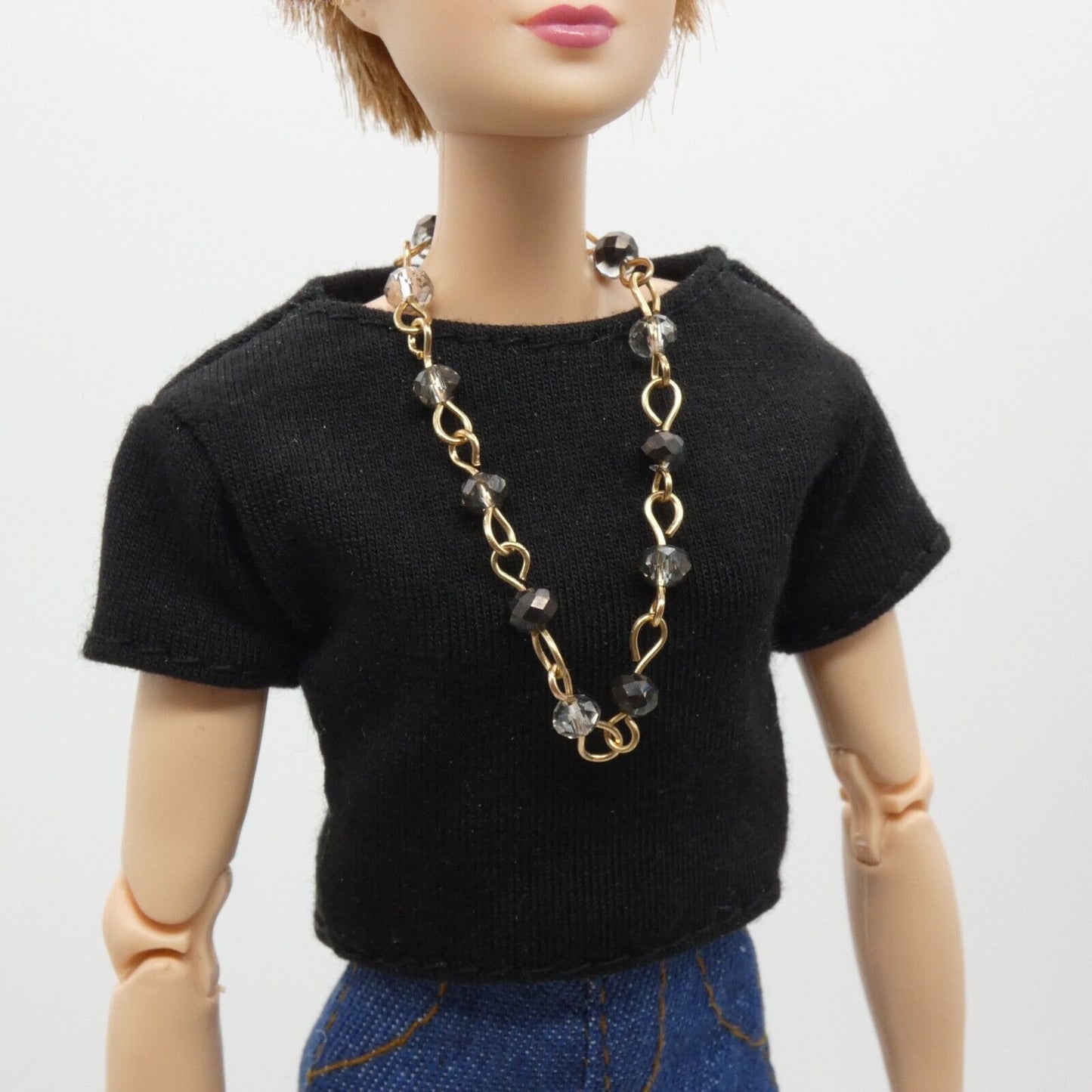 Barbie Doll Size Rose Gold Tone Chain Necklace Black White Rhinestone Handmade