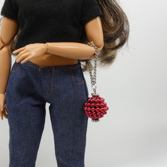 Barbie Doll Purse Handmade Red Ball Silver Chain Strap Handbag Ornament