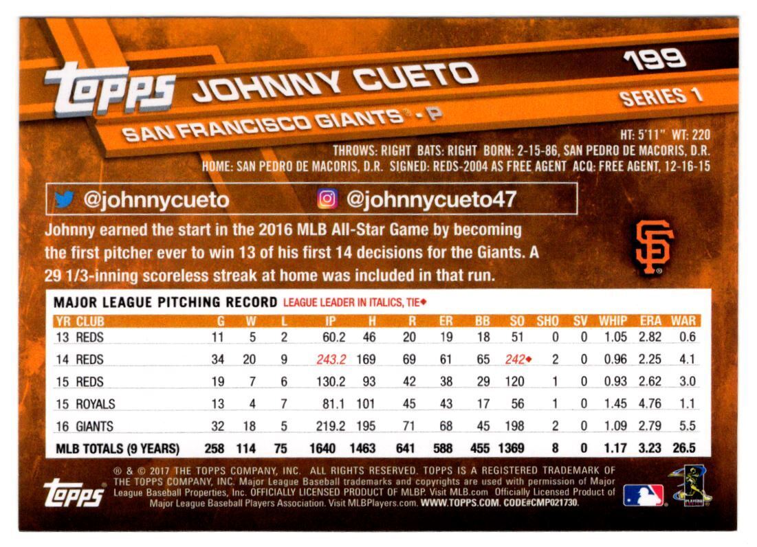 2017 Topps Johnny Cueto San Francisco Giants #199