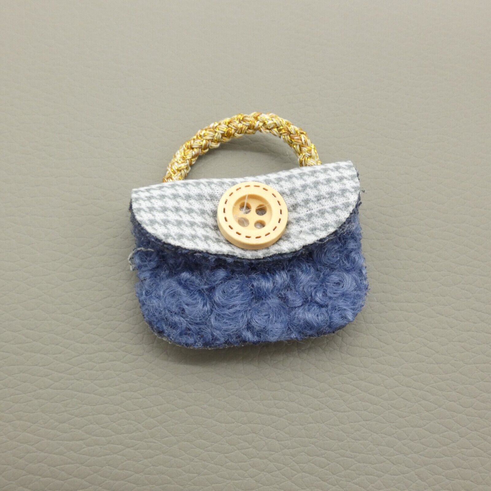 Barbie Doll Size Purse Blue Fleece Houndstooth Button Flap Handbag Accessory B2