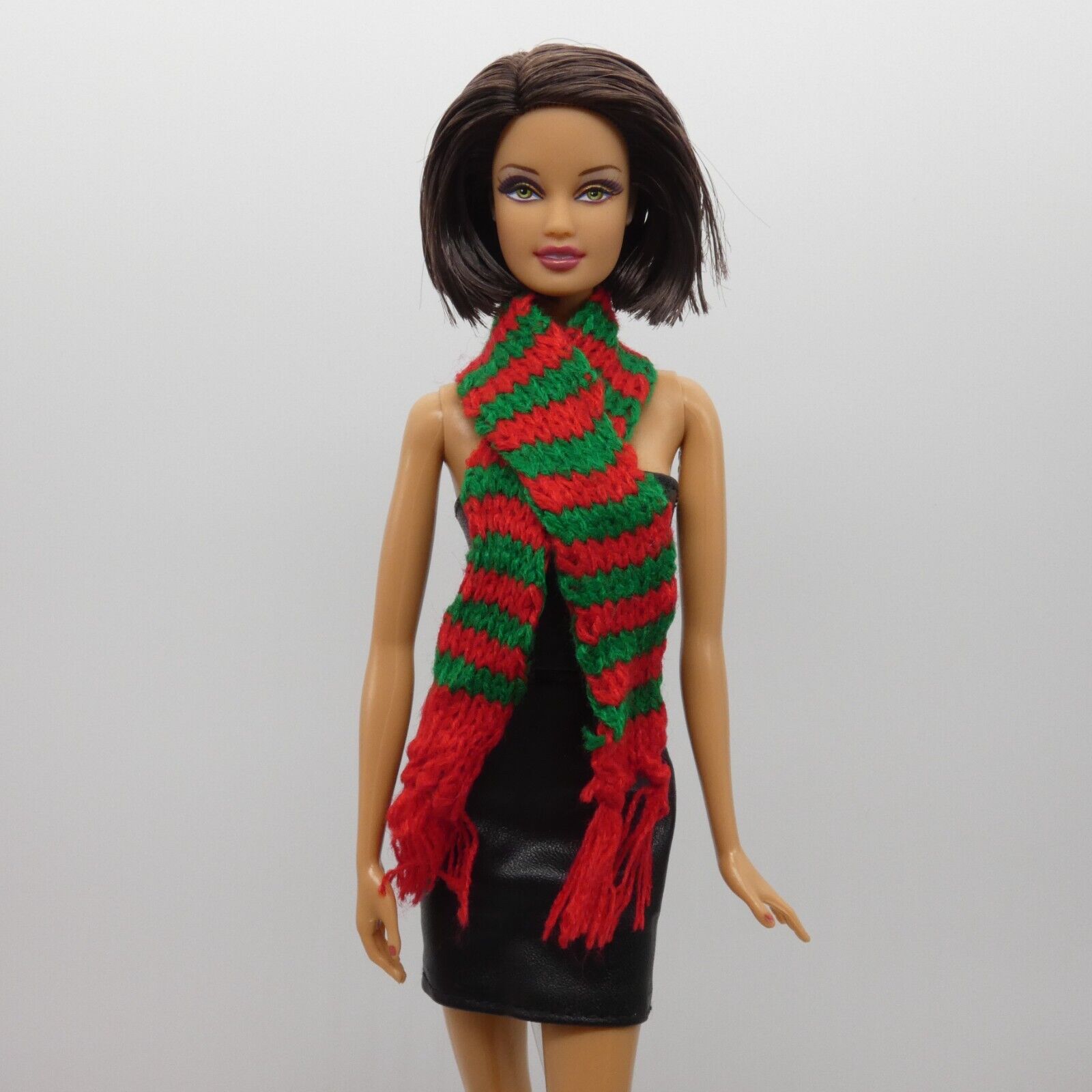 Scarf For Integrity Toys Barbie Size Doll Red Green Stripe Fringe Knitted FR