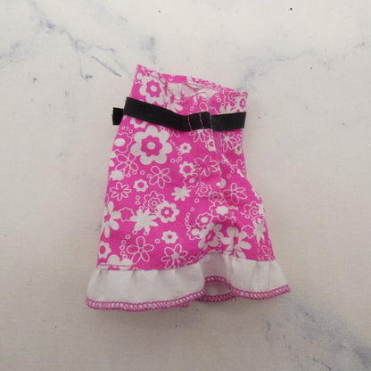 Barbie Doll Size Dress Pink Floral Print Black Satiny Bow Strapless Sleeveless