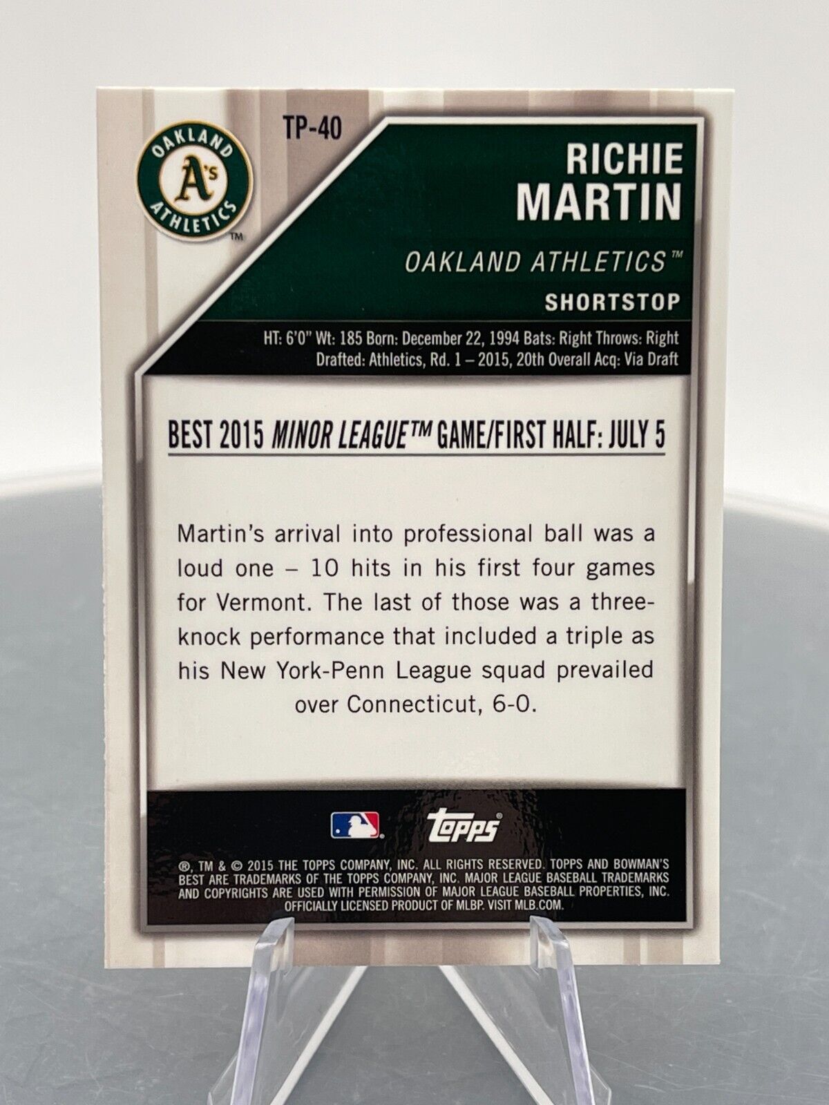 Richie Martin 2015 Bowman's Best #TP-40 Oakland Athletics Shortstop Topps