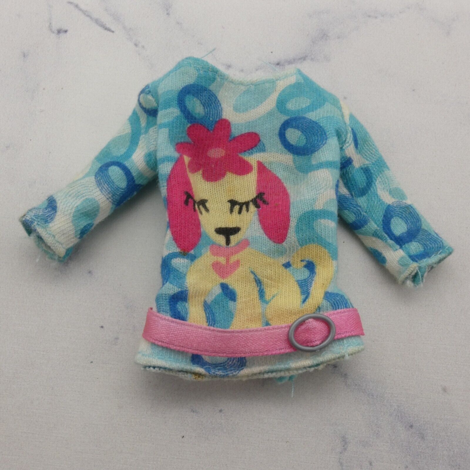 Barbie Stylin' Pup Doll Shirt Top Blue Dog Print 3/4 Sleeve Pink Belt 2002 56686