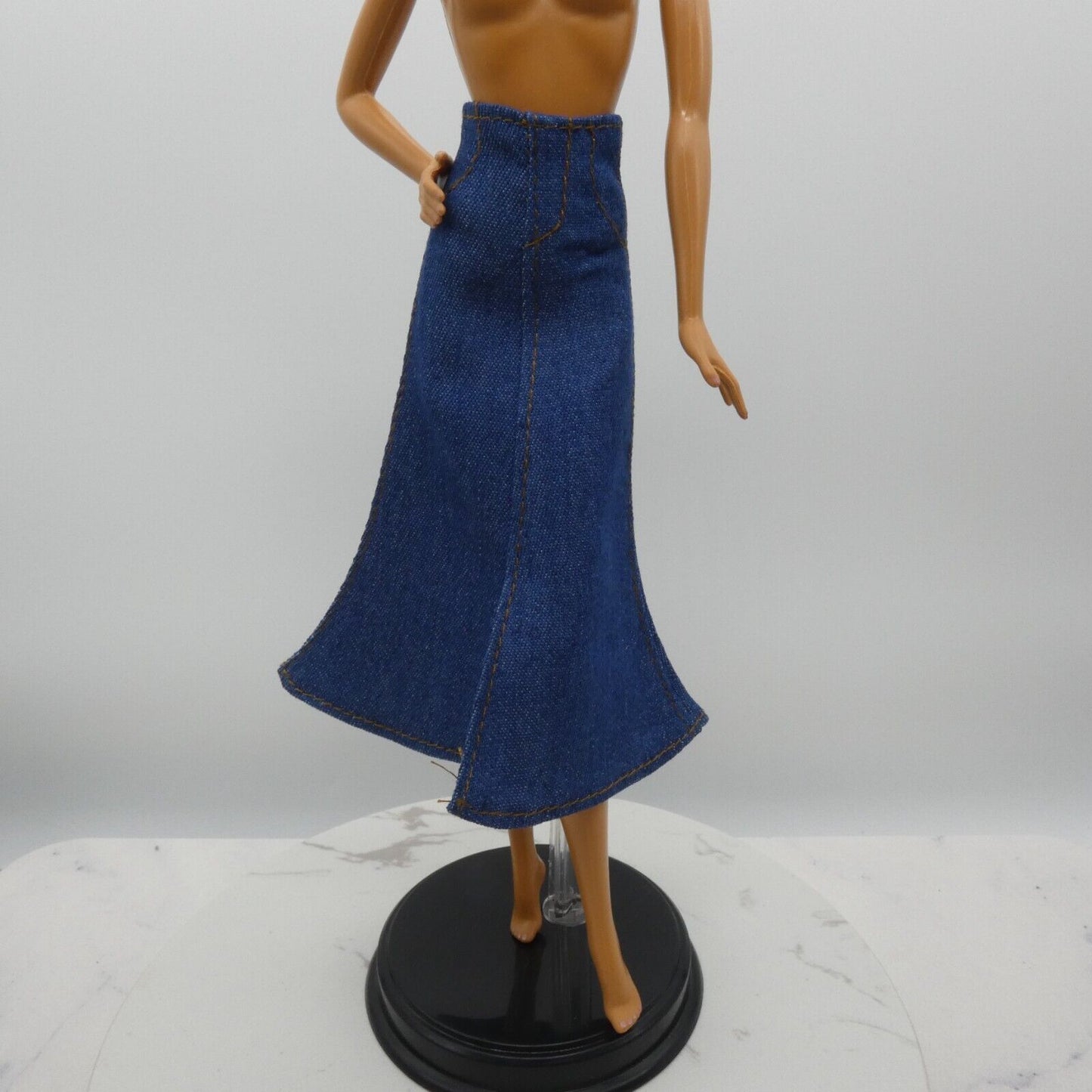 Barbie Doll Size Long Skirt Blue Denim Maxi A Line Ankle Slit Fits Model Muse