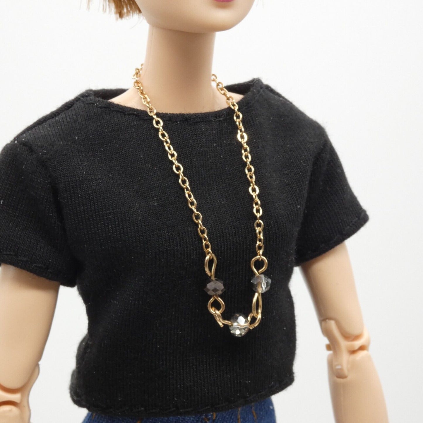 Barbie Doll Size Long Gold Tone Chain Necklace Black White Rhinestone Handmade