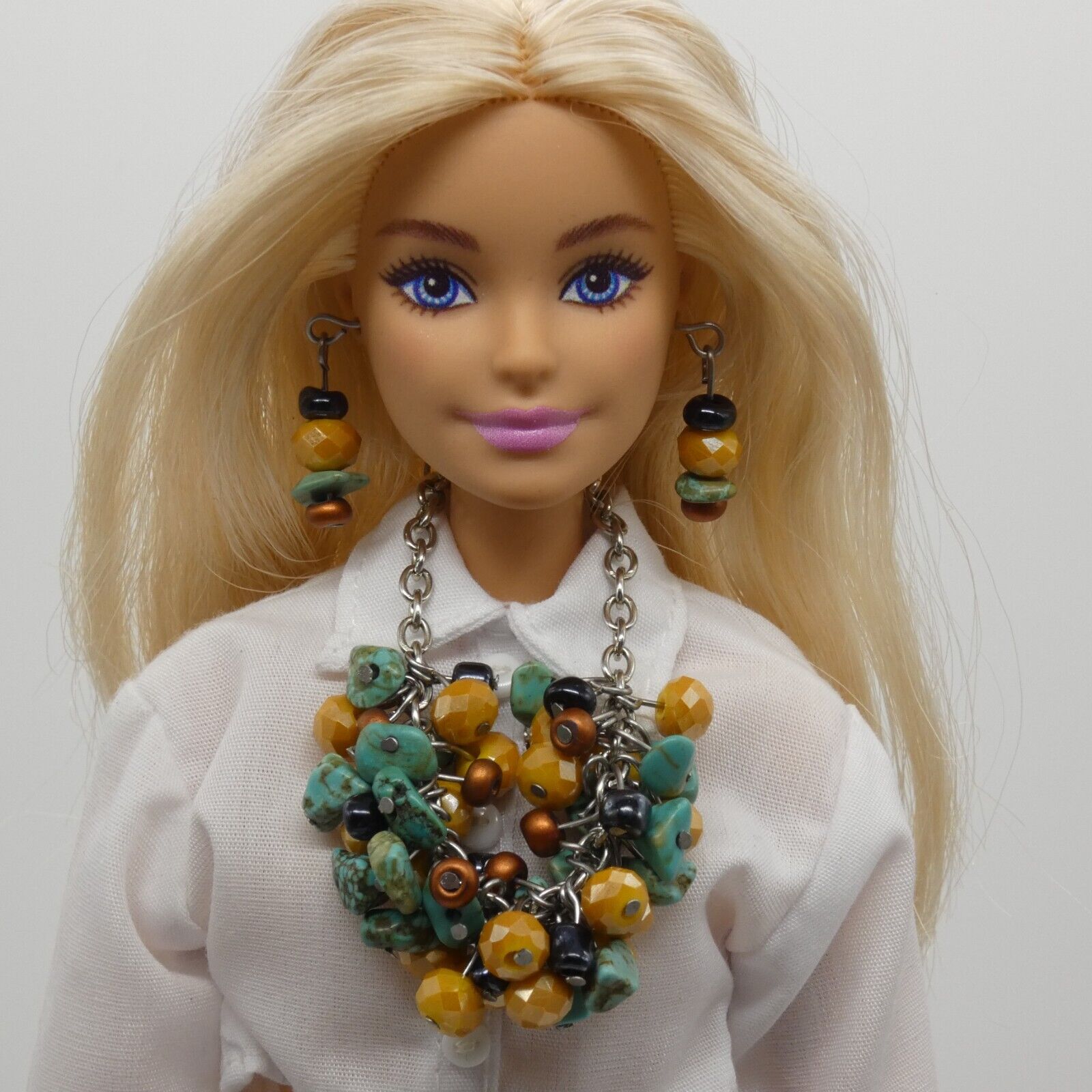 Barbie Doll Size Necklace Earrings Turquoise Yellow Dangle Beads Silver Chain