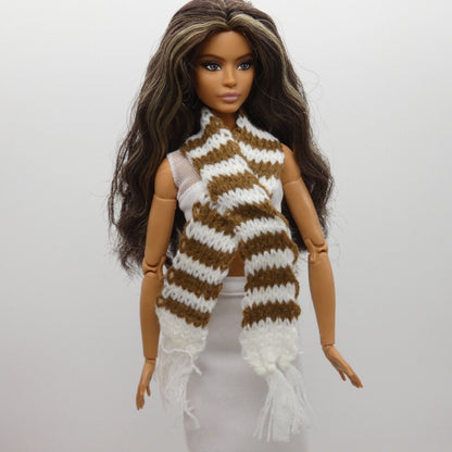 Scarf For Integrity Toys Barbie Size Doll Brown White Stripe Fringe Knitted FR