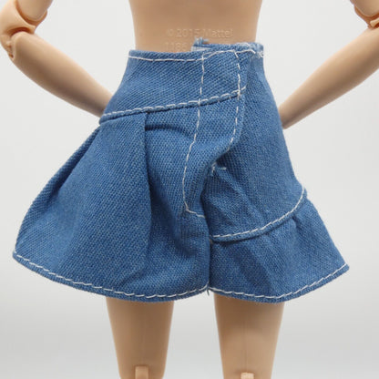 Barbie Doll Size Skirt Blue Denim Jean Pleated Mid Thigh Length A Line