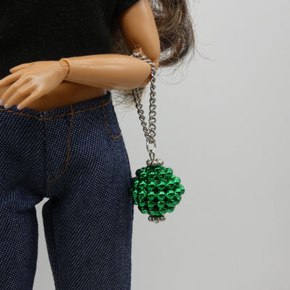 Barbie Doll Purse Handmade Green Ball Silver Chain Strap Handbag Ornament