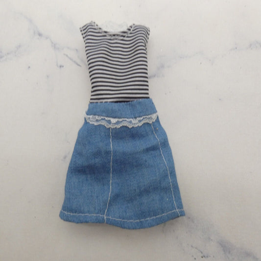 Barbie Doll Size Dress Black White Stripe Short Sleeve Top Blue Denim Like Skirt