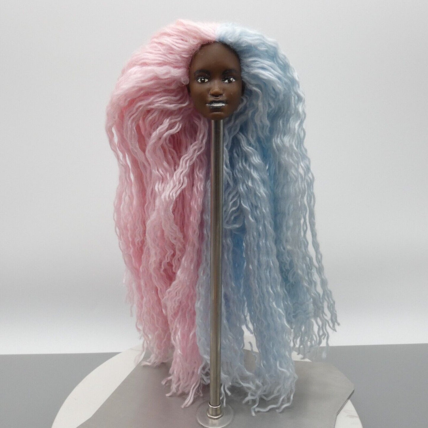 Barbie Custom Doll Head AA Kim Face Rerooted Pink Blue Yarn Hair Dark Skin OOAK